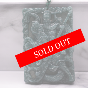 Guan Yu god of war in green burmese jadeite holding blue dragon blade