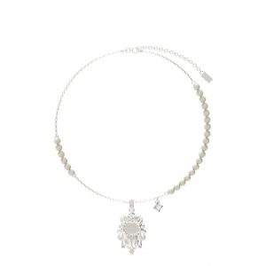 environmentally friendly white pearl made from recyclable material with cubic zirconia in stainless steel necklace